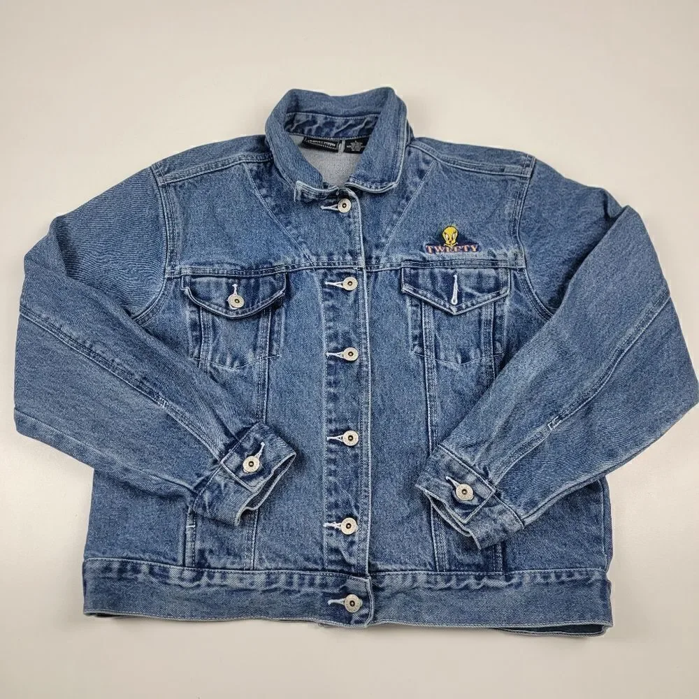Vintage Y2K Tweety Bird Looney Tunes Warner Bros‎ Denim Jacket Large Button up